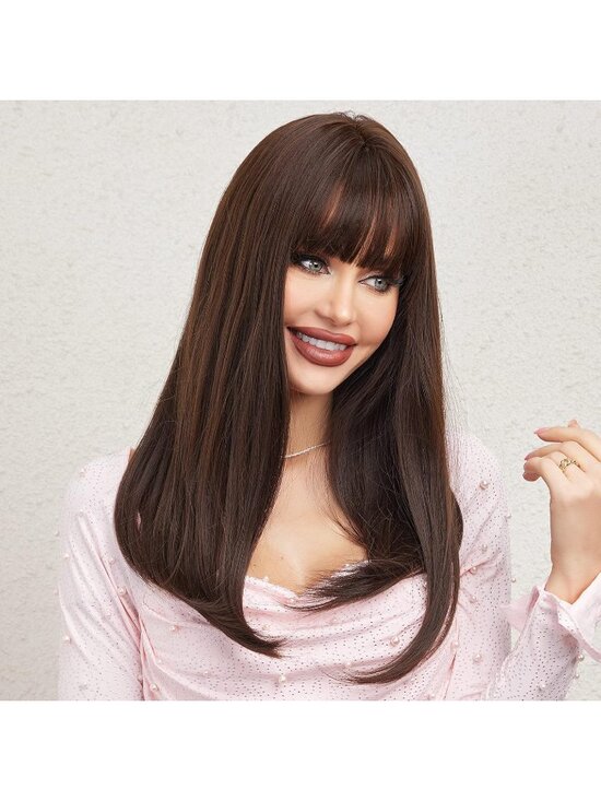 Women\'s Dark Brown Heat Resistant Long Curly Wavy Synthetic Wig Bangs Size 26In main image 4